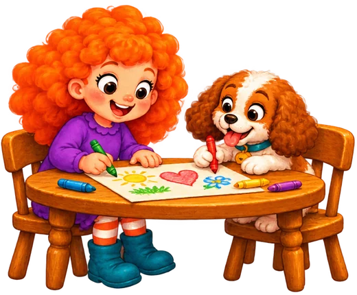 Olla and Cent drawing together at a table