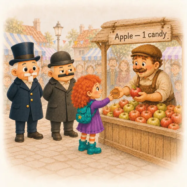 Olla paying the apple seller with a cent coin